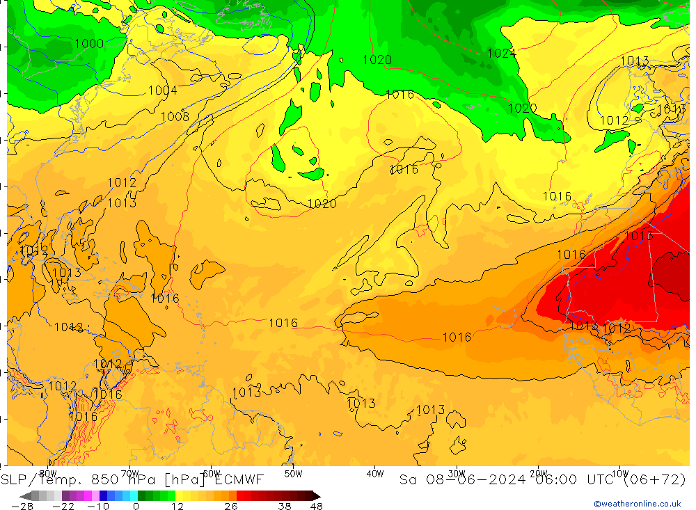 SLP/Temp. 850 hPa ECMWF So 08.06.2024 06 UTC