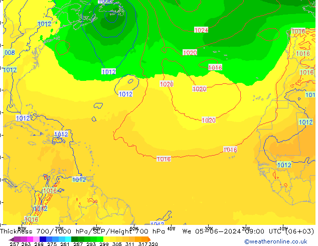 Thck 700-1000 hPa ECMWF Qua 05.06.2024 09 UTC