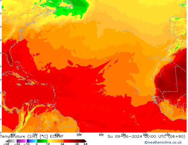 Temperatuurkaart (2m) ECMWF zo 09.06.2024 00 UTC