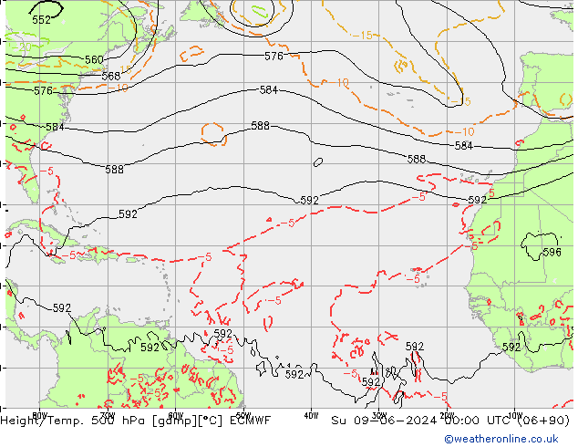 Z500/Rain (+SLP)/Z850 ECMWF Вс 09.06.2024 00 UTC