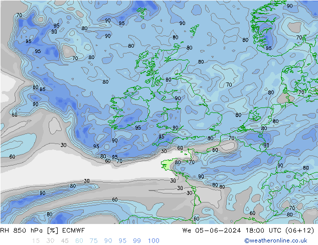 Humedad rel. 850hPa ECMWF mié 05.06.2024 18 UTC