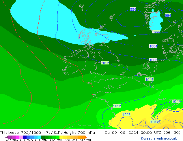 Thck 700-1000 hPa ECMWF Su 09.06.2024 00 UTC