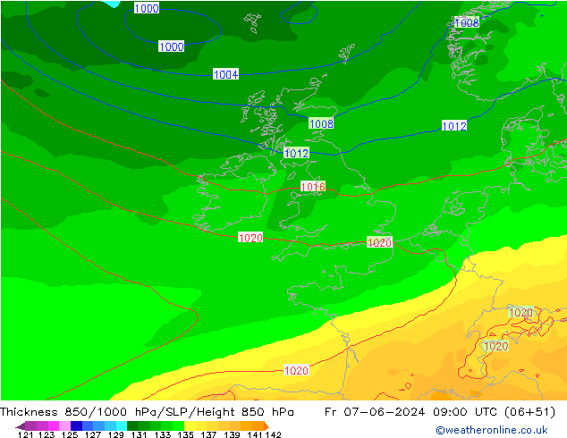 Schichtdicke 850-1000 hPa ECMWF Fr 07.06.2024 09 UTC