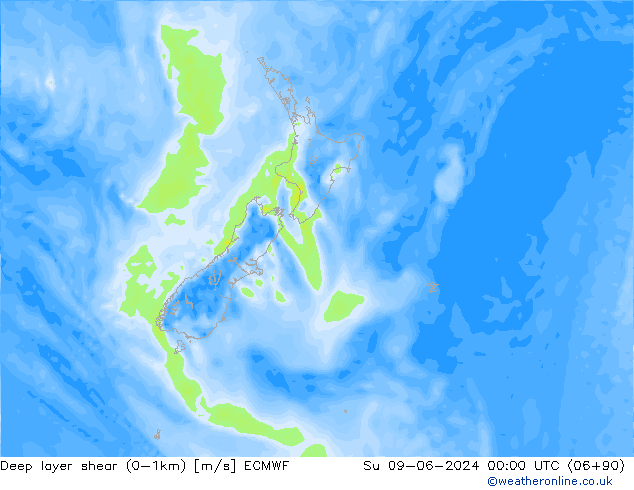 Deep layer shear (0-1km) ECMWF nie. 09.06.2024 00 UTC