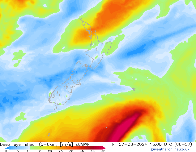 Deep layer shear (0-6km) ECMWF Fr 07.06.2024 15 UTC