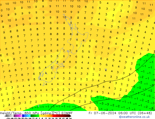 Hoogte/Temp. 850 hPa ECMWF vr 07.06.2024 06 UTC