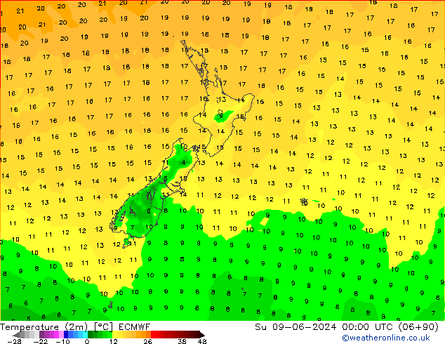 Temperaturkarte (2m) ECMWF So 09.06.2024 00 UTC