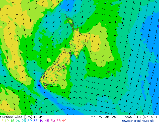 wiatr 10 m ECMWF śro. 05.06.2024 15 UTC