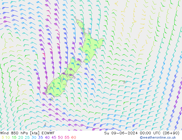 wiatr 850 hPa ECMWF nie. 09.06.2024 00 UTC