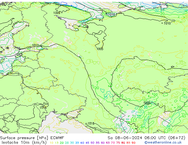 Isotachs (kph) ECMWF sam 08.06.2024 06 UTC