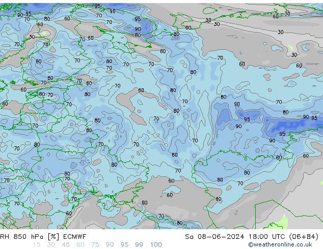 RH 850 гПа ECMWF сб 08.06.2024 18 UTC