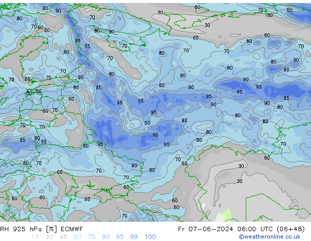 RH 925 гПа ECMWF пт 07.06.2024 06 UTC