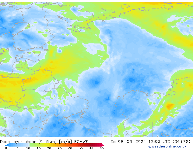 Deep layer shear (0-6km) ECMWF сб 08.06.2024 12 UTC