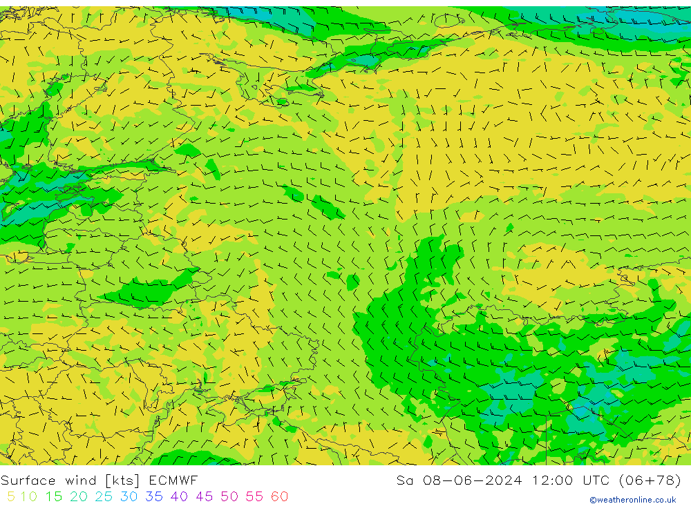 ветер 10 m ECMWF сб 08.06.2024 12 UTC