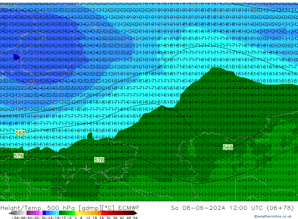 Height/Temp. 500 hPa ECMWF sab 08.06.2024 12 UTC