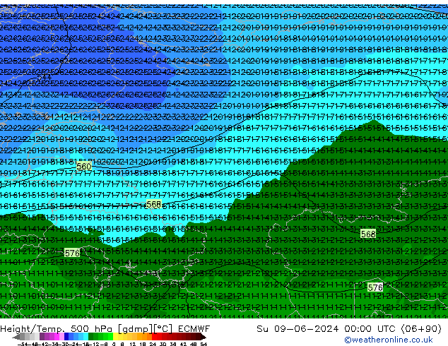 Z500/Rain (+SLP)/Z850 ECMWF Вс 09.06.2024 00 UTC