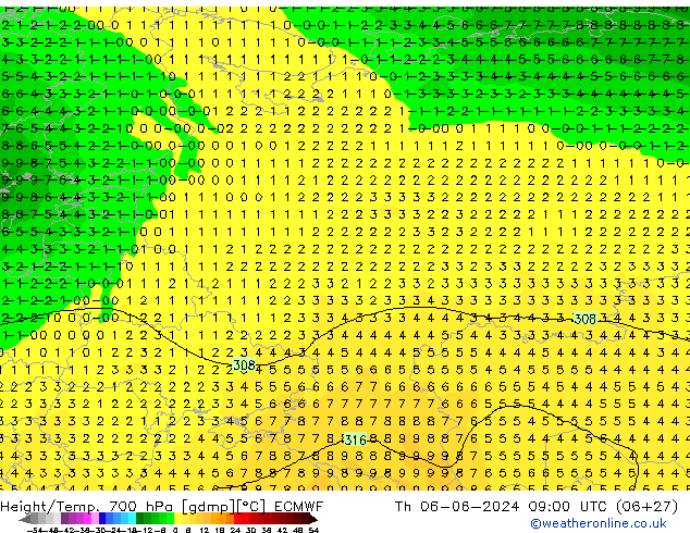 Height/Temp. 700 hPa ECMWF Th 06.06.2024 09 UTC