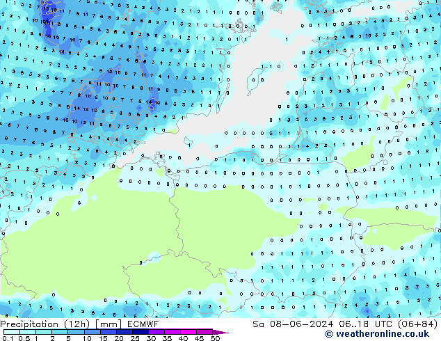 Precipitation (12h) ECMWF Sa 08.06.2024 18 UTC