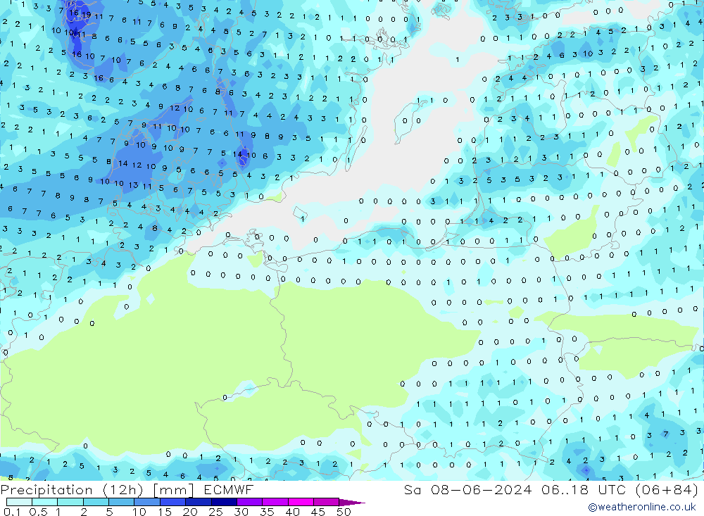 осадки (12h) ECMWF сб 08.06.2024 18 UTC