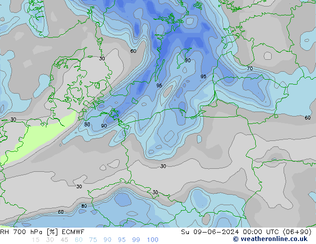 RH 700 hPa ECMWF Ne 09.06.2024 00 UTC