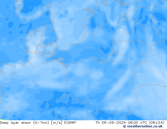 Deep layer shear (0-1km) ECMWF Th 06.06.2024 06 UTC