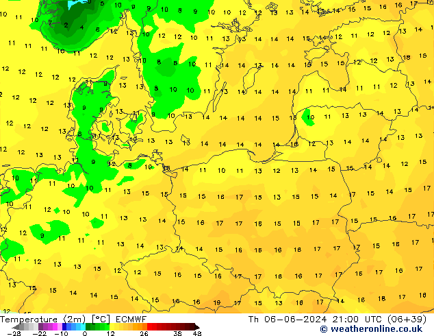 Temperature (2m) ECMWF Čt 06.06.2024 21 UTC