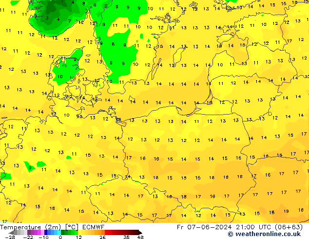 Temperatura (2m) ECMWF ven 07.06.2024 21 UTC