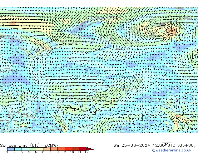 Vento 10 m (bft) ECMWF Qua 05.06.2024 12 UTC