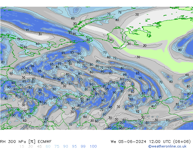 RH 300 hPa ECMWF Qua 05.06.2024 12 UTC