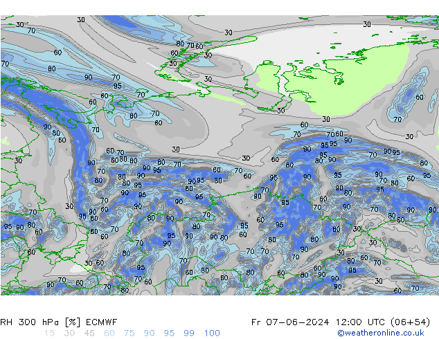 RH 300 hPa ECMWF Pá 07.06.2024 12 UTC