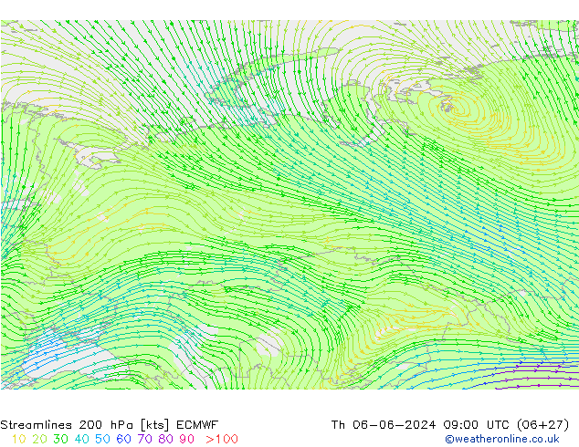 Linea di flusso 200 hPa ECMWF gio 06.06.2024 09 UTC