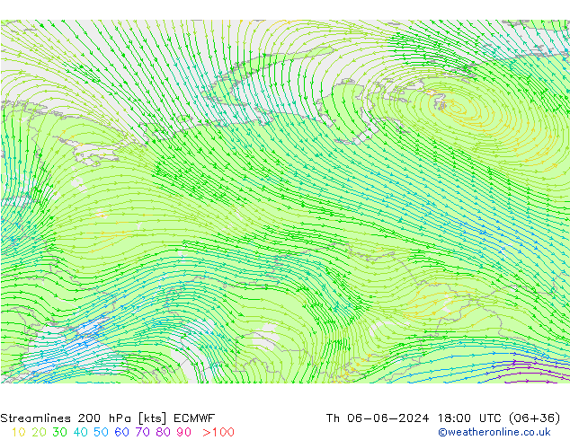 Streamlines 200 hPa ECMWF Čt 06.06.2024 18 UTC