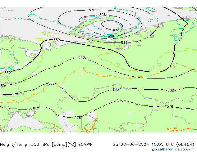 Hoogte/Temp. 500 hPa ECMWF za 08.06.2024 18 UTC