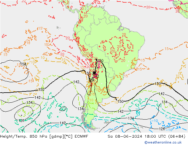 Hoogte/Temp. 850 hPa ECMWF za 08.06.2024 18 UTC