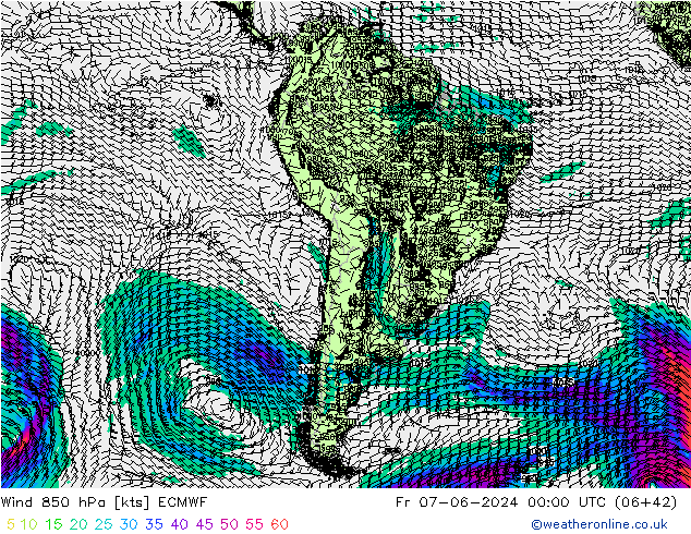 Vento 850 hPa ECMWF Sex 07.06.2024 00 UTC