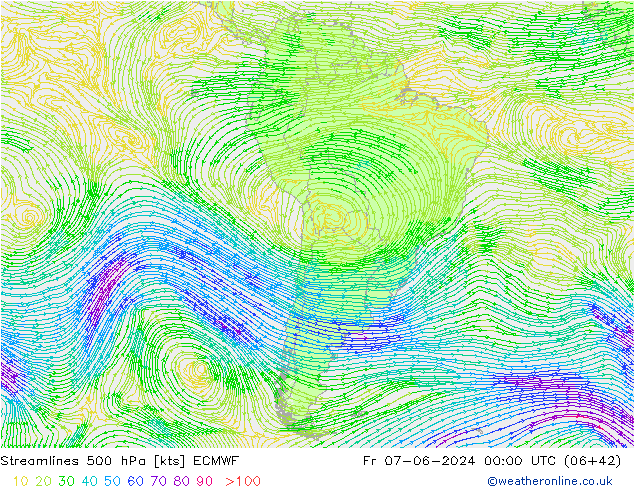 Linha de corrente 500 hPa ECMWF Sex 07.06.2024 00 UTC