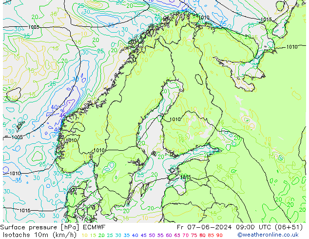 Isotachs (kph) ECMWF ven 07.06.2024 09 UTC