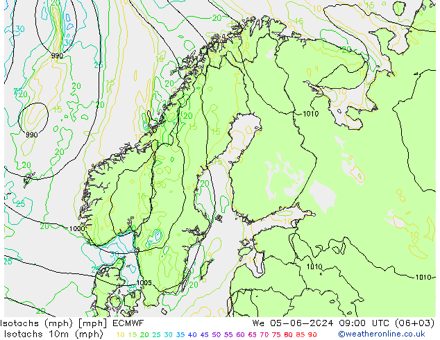 Isotachs (mph) ECMWF 星期三 05.06.2024 09 UTC