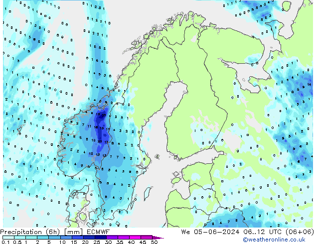 Precipitation (6h) ECMWF We 05.06.2024 12 UTC