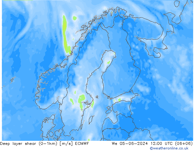 Deep layer shear (0-1km) ECMWF Qua 05.06.2024 12 UTC