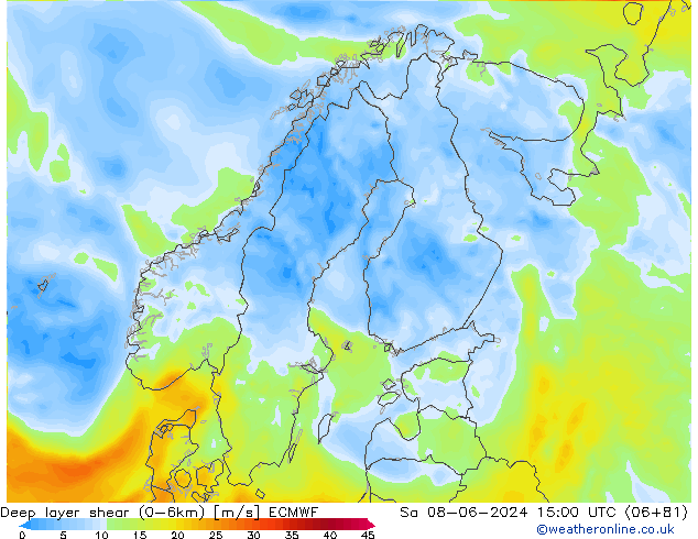 Deep layer shear (0-6km) ECMWF So 08.06.2024 15 UTC