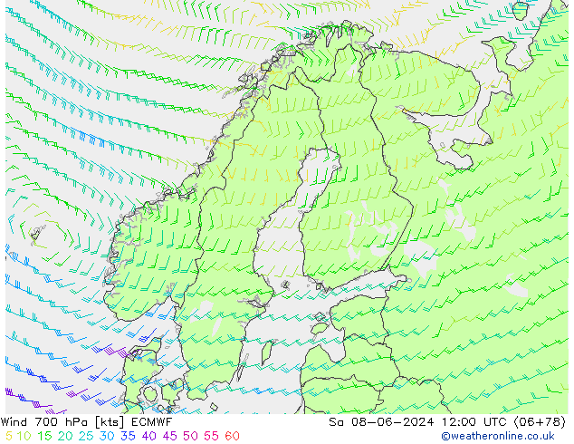 Vento 700 hPa ECMWF sab 08.06.2024 12 UTC