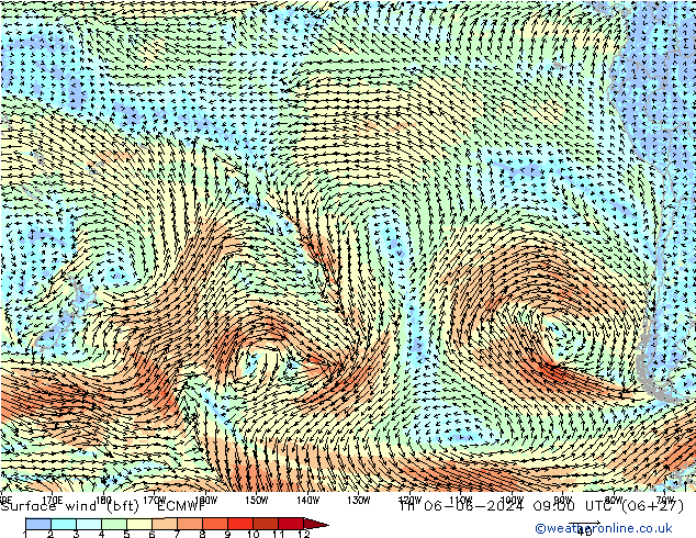 Vent 10 m (bft) ECMWF jeu 06.06.2024 09 UTC