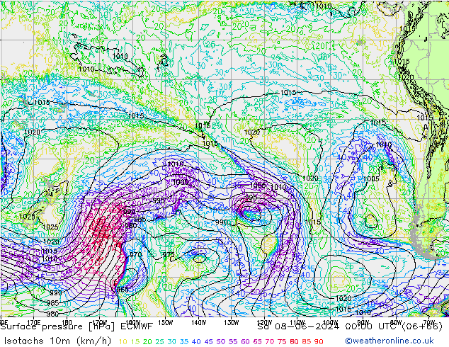 Isotachs (kph) ECMWF So 08.06.2024 00 UTC