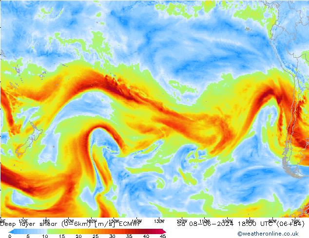 Deep layer shear (0-6km) ECMWF za 08.06.2024 18 UTC