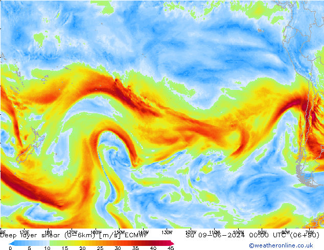 Deep layer shear (0-6km) ECMWF Ne 09.06.2024 00 UTC