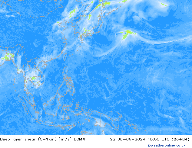 Deep layer shear (0-1km) ECMWF Sáb 08.06.2024 18 UTC