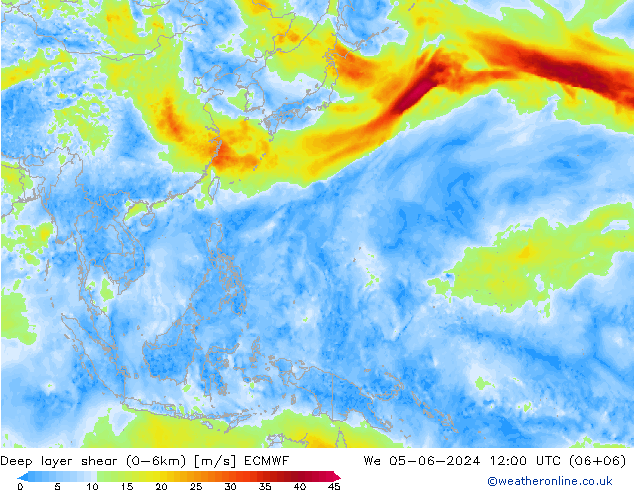 Deep layer shear (0-6km) ECMWF śro. 05.06.2024 12 UTC