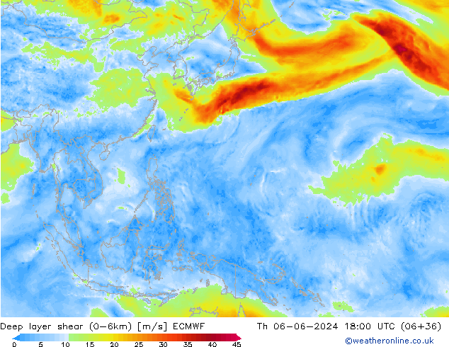 Deep layer shear (0-6km) ECMWF  06.06.2024 18 UTC