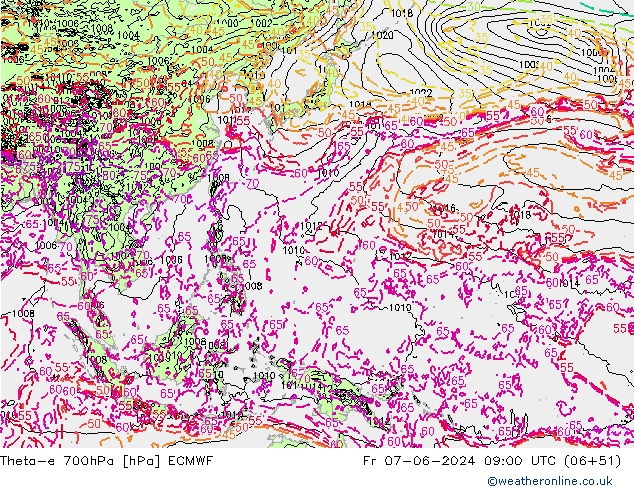 Theta-e 700hPa ECMWF Sex 07.06.2024 09 UTC